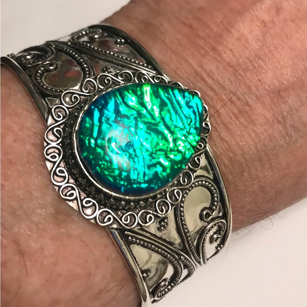 Triplet Fire Blue Opal Stamped 925 Sterling Silver Cuff Bracelet